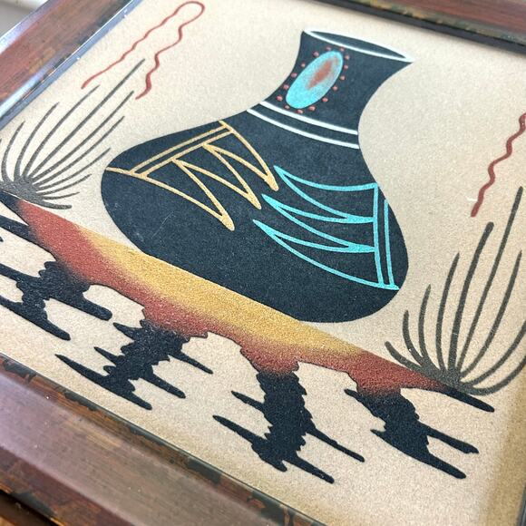 Vintage Navajo Framed Sand Art Painting of Beautiful Pottery - Picture 2 of 16
